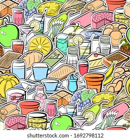 Bakery products, Drinks, Fruits and Table setting pattern. Background for printing, design, web. Seamless. Colored.