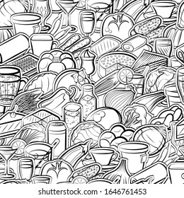 Bakery products, Drinks and Healthy food pattern. Background for printing, design, web. Seamless. Monochrome binary, black and white.