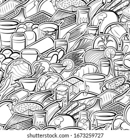 Bakery products, Drinks and Healthy food pattern. Background for printing, design, web. Seamless. Monochrome binary, black and white.