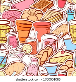 Bakery products and Drinks pattern. Background for printing, design, web. Seamless. Colored.