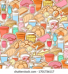 Bakery products and Drinks pattern. Background for printing, design, web. Seamless. Colored.