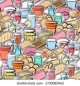 Bakery products and Drinks pattern. Background for printing, design, web. Seamless. Colored.