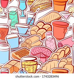 Bakery products and Drinks pattern. Background for printing, design, web. Seamless. Colored.