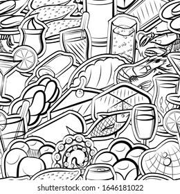 Bakery products, Drinks and Seafood pattern. Background for printing, design, web. Seamless. Monochrome binary, black and white.