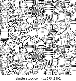 Bakery products, Drinks and Seafood pattern. Background for printing, design, web. Seamless. Monochrome binary, black and white.