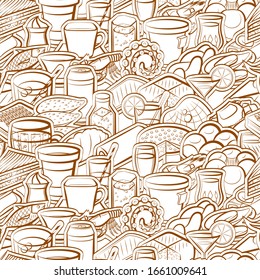 Bakery products, Drinks and Seafood pattern. Background for printing, design, web. Seamless. Binary color.