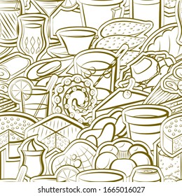 Bakery products, Drinks and Seafood pattern. Background for printing, design, web. Seamless. Binary color.