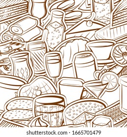 Bakery products, Drinks and Seafood pattern. Background for printing, design, web. Seamless. Binary color.