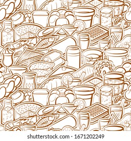 Bakery products, Drinks and Seafood pattern. Background for printing, design, web. Seamless. Binary color.