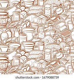 Bakery products, Drinks and Seafood pattern. Background for printing, design, web. Seamless. Binary color.