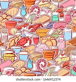 Bakery products, Drinks, Seafood and Table setting pattern. Background for printing, design, web. Seamless. Colored.