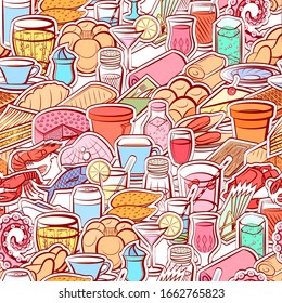 Bakery products, Drinks, Seafood and Table setting pattern. Background for printing, design, web. Seamless. Colored.