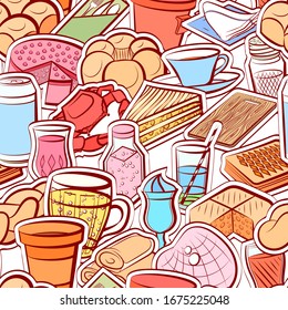 Bakery products, Drinks, Seafood and Table setting pattern. Background for printing, design, web. Seamless. Colored.
