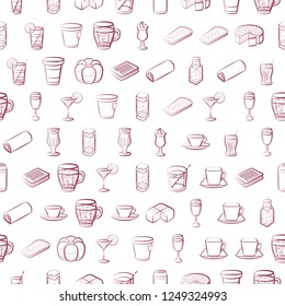 Bakery products and Drinks set. Background for printing, design, web. Usable as icons. Seamless. Color.