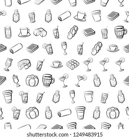 Bakery products and Drinks set. Background for printing, design, web. Usable as icons. Seamless. Monochrome binary, black and white.