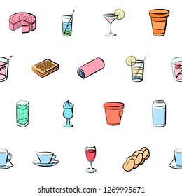 Bakery products and Drinks set. Background for printing, design, web. Usable as icons. Seamless. Colored.