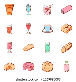 Bakery products and Drinks set. Background for printing, design, web. Usable as icons. Seamless. Colored.