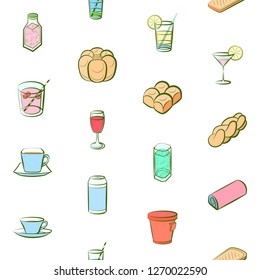 Bakery products and Drinks set. Background for printing, design, web. Usable as icons. Seamless. Colored.