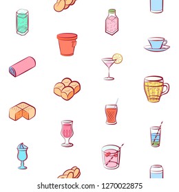 Bakery products and Drinks set. Background for printing, design, web. Usable as icons. Seamless. Colored.