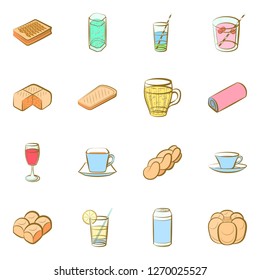 Bakery products and Drinks set. Background for printing, design, web. Usable as icons. Seamless. Colored.