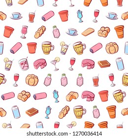 Bakery products and Drinks set. Background for printing, design, web. Usable as icons. Seamless. Colored.