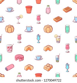 Bakery products and Drinks set. Background for printing, design, web. Usable as icons. Seamless. Colored.