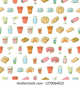 Bakery products and Drinks set. Background for printing, design, web. Usable as icons. Seamless. Colored.