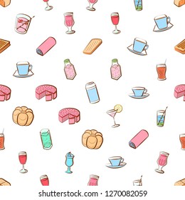 Bakery products and Drinks set. Background for printing, design, web. Usable as icons. Seamless. Colored.