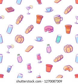 Bakery products and Drinks set. Background for printing, design, web. Usable as icons. Seamless. Colored.