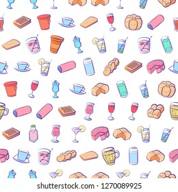 Bakery products and Drinks set. Background for printing, design, web. Usable as icons. Seamless. Colored.