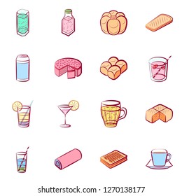 Bakery products and Drinks set. Background for printing, design, web. Usable as icons. Seamless. Colored.