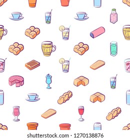 Bakery products and Drinks set. Background for printing, design, web. Usable as icons. Seamless. Colored.