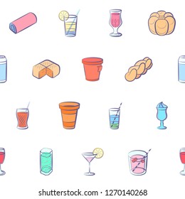 Bakery products and Drinks set. Background for printing, design, web. Usable as icons. Seamless. Colored.