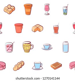 Bakery products and Drinks set. Background for printing, design, web. Usable as icons. Seamless. Colored.