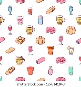 Bakery products and Drinks set. Background for printing, design, web. Usable as icons. Seamless. Colored.