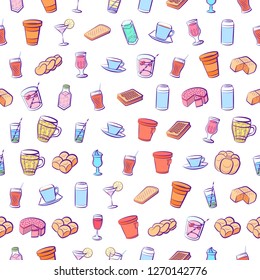 Bakery products and Drinks set. Background for printing, design, web. Usable as icons. Seamless. Colored.
