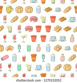 Bakery products and Drinks set. Background for printing, design, web. Usable as icons. Seamless. Colored.