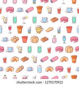 Bakery products and Drinks set. Background for printing, design, web. Usable as icons. Seamless. Colored.