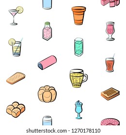 Bakery products and Drinks set. Background for printing, design, web. Usable as icons. Seamless. Colored.