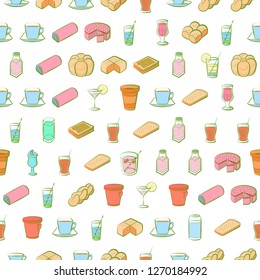 Bakery products and Drinks set. Background for printing, design, web. Usable as icons. Seamless. Colored.