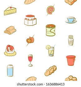 Bakery products, Drinks, Snacks and Table setting set. Background for printing, design, web. Usable as icons. Seamless. Colored.