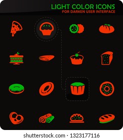 Bakery products easy color vector icons on darken background for user interface design