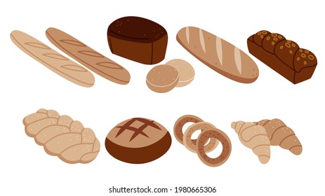 Bakery products elements collection. Breakfast pastry isolated set. Different loafs in simple cartoon design.