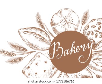Backwaren Elemente und Schriften. Vorlage für Banner, Poster, Verpackungsdesign. Handgezeichnete Vektorgrafik.