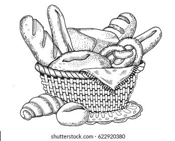 Bakery products engraving vector illustration. Scratch board style imitation. Hand drawn image.