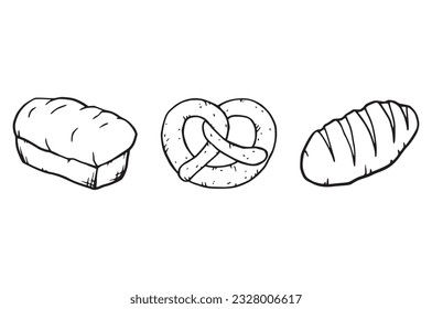 Bakery products and fine bread decorations, simple drawing illustration with outline and sketch. Pastry creamy sweets hand drawn set baked meal logo. Breakfast food cartoonish drawing. Simple diet.