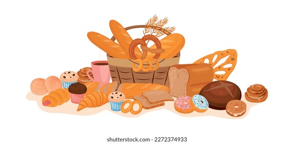 Productos de panadería Composición plana con una pila de alimentos horneados con caramelos de cesta de madera y taza de café ilustración vectorial