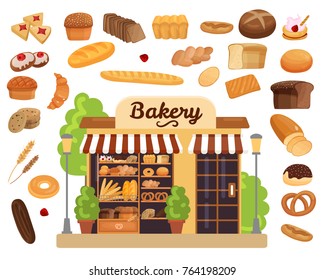 Bakery products flat design concept with shop window in centre and baked goods icons collection around isolated vector illustration