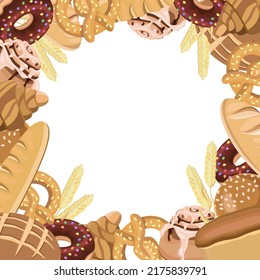 Bakery products frame bread,pretzel,loaf,sesame bun,croissant,donut,wheat ears on a white background.Vector illustration for postcards,labels,banners, bakeries,shops.