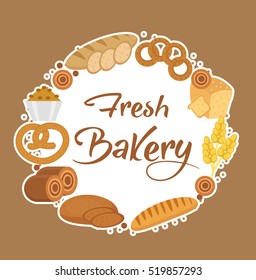Bakery products frame, flat style. Set of different bread in a round frame template for text, label, emblem. With inscription fresh bread. Vector illustration